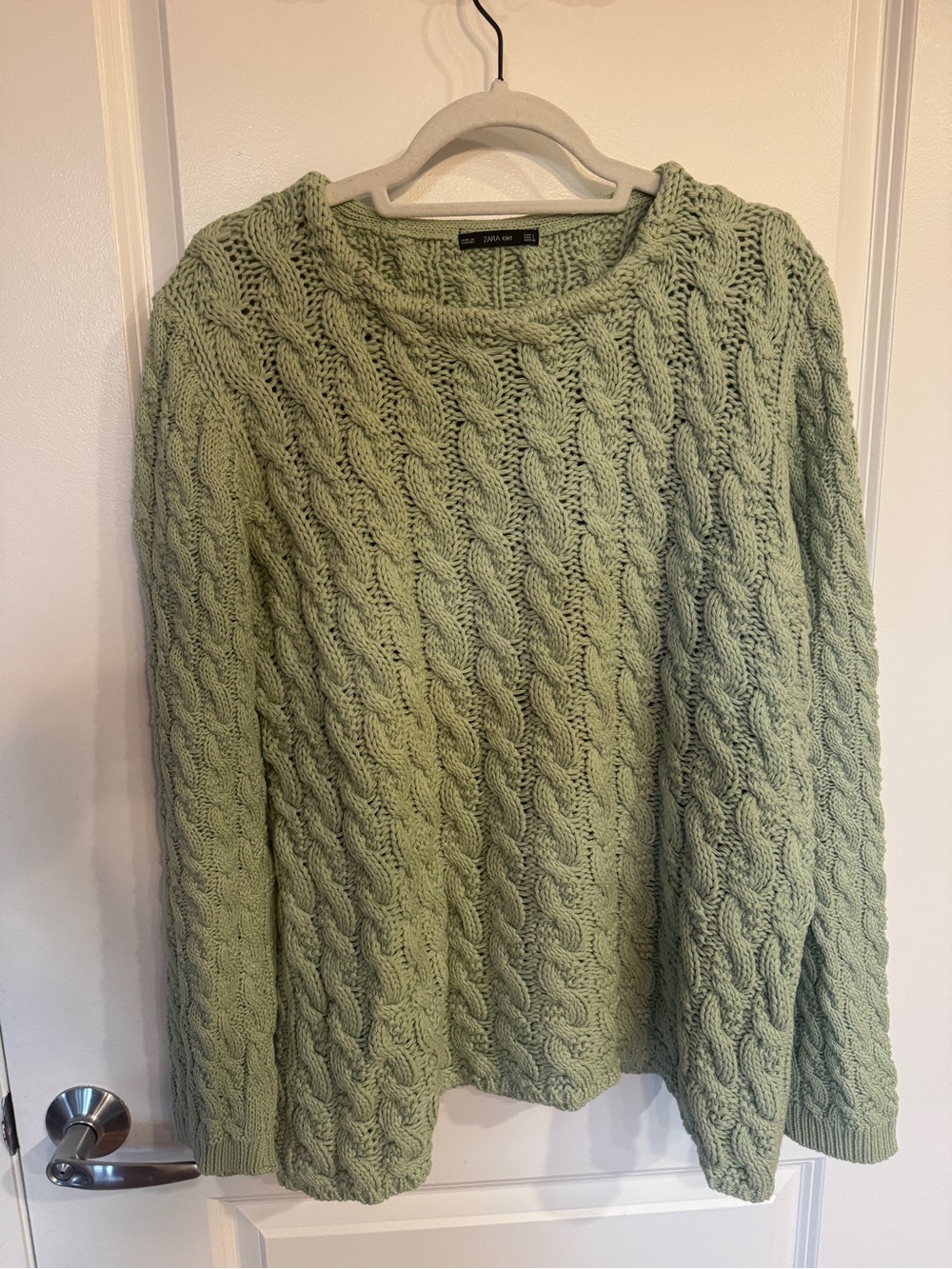 Zara Light Sage Green Cable Knit Crewneck Sweater